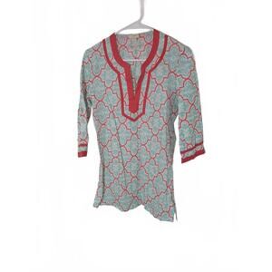 J.Crew Factory XS Lightweight 100% Cotton Tunic Top - Aqua &‎ Coral Print